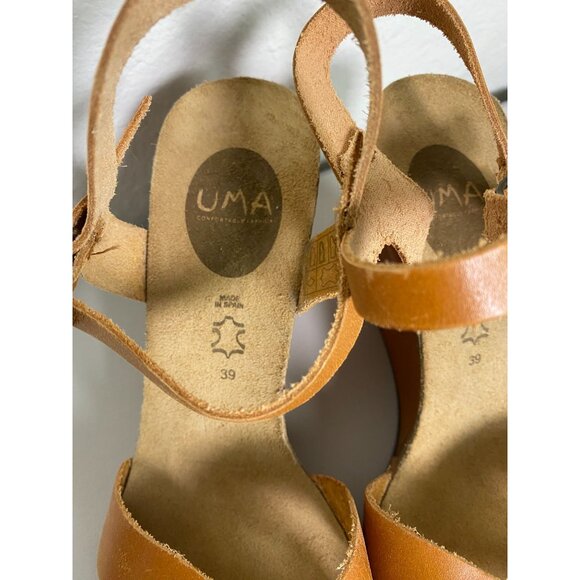 Uma Leather Strappy Wedge Sandals Size 9 EU 39 Made In Spain Orange Brown Ankle - Picture 9 of 13